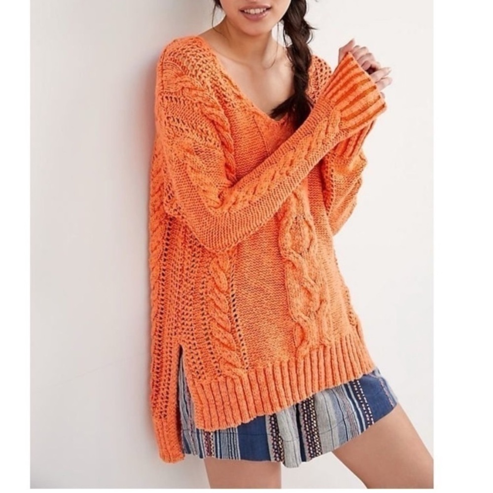 Anthropologie Pilcro Cable Knit Oversized Orange Sweater Size Medium 100% Cotton